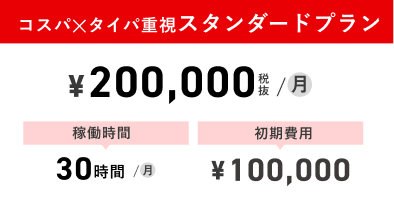 コスパ✕タイパ重視スタンダードプラン：¥200,000税抜/月、稼働時間30時間/月、初期費用¥100,000